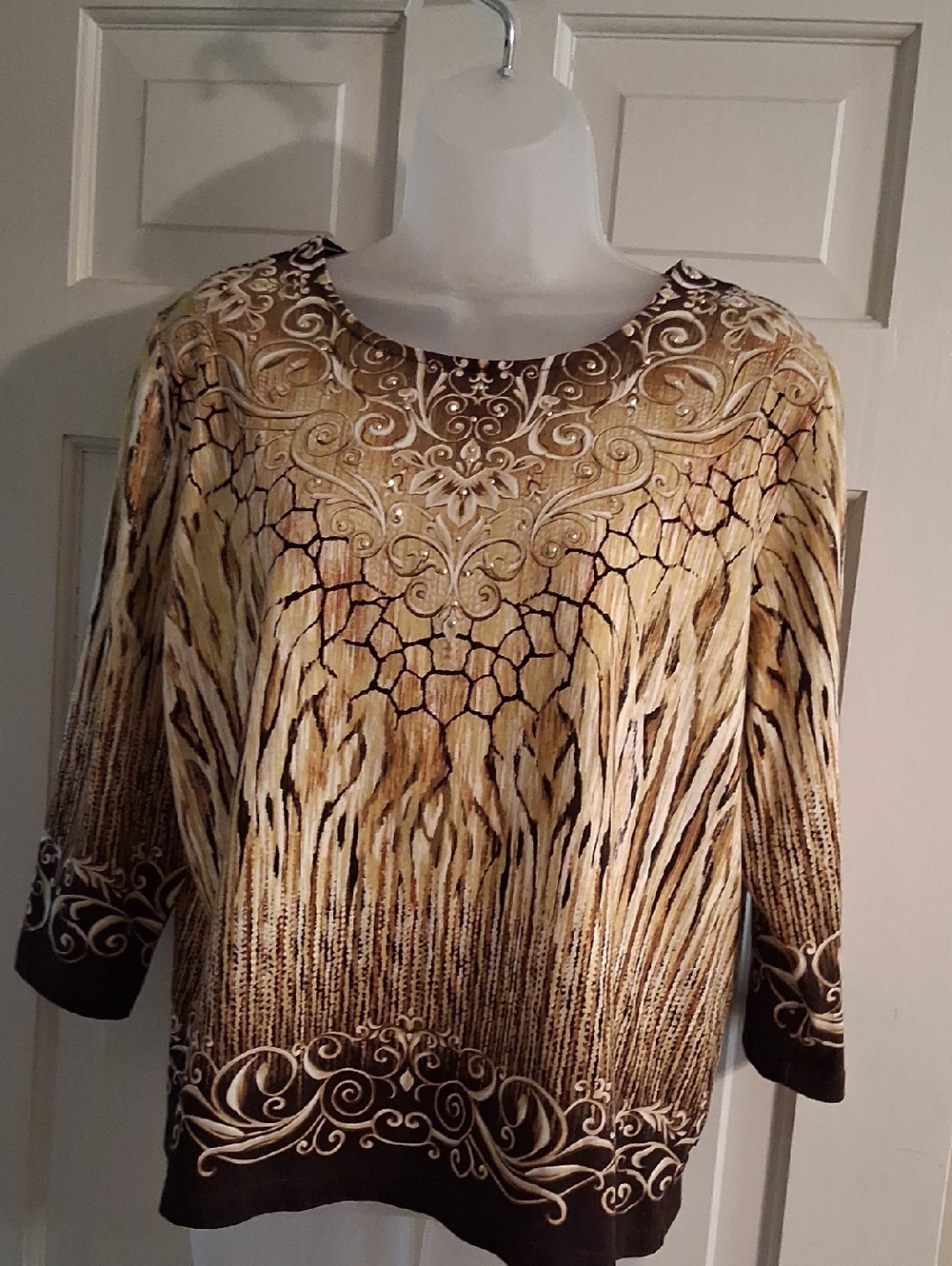 Alfred Dunner Brown, Cream & Gold Patterned Scoop Neck Top